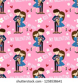 Valentine's day seamless pattern of cute couple received a beautiful bouquet in happy moment with My love, My Valentine and Kiss me text on pink background with white flower and red hearts.