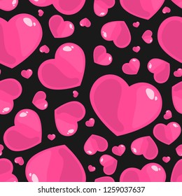 Valentine's day seamless pattern of cute pink hearts on black color background. Concept of love and Valentines day. Vector illustration.