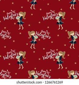 Valentine's day seamless pattern of cute girl hold a beautiful bouquet in happy moment with Happy Valentine's Day text and tiny stars on red background. Vector illustration.