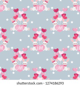 Valentine's day seamless pattern of cute rabbits couple with Love text on light pink hearts and a group of heart shape balloons on light gray color background with white stars. Vector illustration.