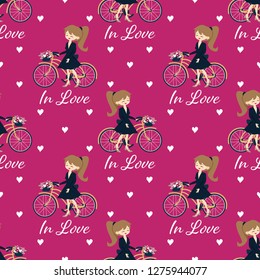 Valentine's day seamless pattern of cute girl stands near bicycle with a basket full of flowers, In love text and many tiny white hearts on pink background. Concept of love and Valentines day.