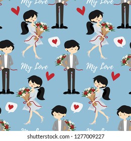 Valentine's day seamless pattern of cute couple received a beautiful bouquet in happy moment with red hearts and My love text on light blue color background. Concept of love and Valentines day.
