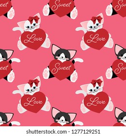 Valentine's Day seamless pattern with cute couple cats and heart with Love and Sweet text.