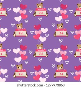 Valentine's day seamless pattern of cute brown bear hold calendar with February 14 text, tiny white hearts and many heart shape balloons on purple background with tiny heart. Concept of love.