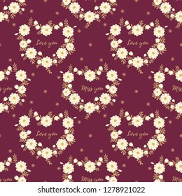 Valentine's day seamless pattern of cute white flowers with brown leaves arranged it into a heart shape frame with Love you and Miss you text . Concept of love and Valentines day. Vector illustration.