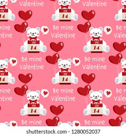 Valentine's day seamless pattern of cute polar bear with calendar February 14, heart shape balloons and Be mine Valentine on pink background. Vector illustration.
