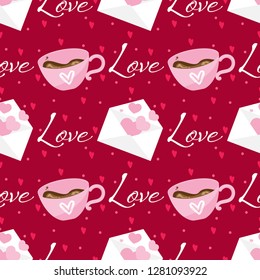 Valentine's day seamless pattern of cute pink coffee cups with Love letter and Love text on red color background with many tiny hearts. Design for love concept. Vector illustration.