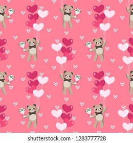 Valentine's Day seamless pattern of cute bear with heart shape balloons and A bouquet of flowers on pink background with many tiny hearts. Vector illustration.