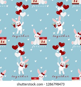 Valentine's Day seamless pattern of cute rabbits couple with red ribbon holding heart shape balloons, a bouquet and calendar 14 February with together forever text on blue background with tiny hearts.