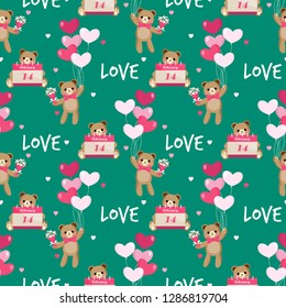 Valentine's day seamless pattern of cute bear holding a bouquet, heart shape balloons and calendar February 14 on green background with many tiny hearts. Vector illustration.