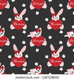 Valentine's day seamless pattern of cute rabbit and cat  with red ribbon holding red heart with Be mine and Love you text on black background with many cute white flowers. Vector illustration.
