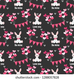 Valentine's Day seamless pattern of cute rabbits couple with pink ribbon and heart shape balloons with Love text and Love you and Be mine text on black background with tiny hearts. Vector illustration