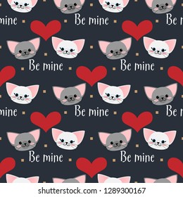 Valentine's Day seamless pattern with cute couple cats and heart with Be mine text.