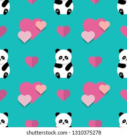 Valentine's Day seamless pattern with cute baby pandas and pink hearts in paper cut style on a turquoise background. Flat style. For wrapping paper, backdrop, textile print, wallpaper, greeting card.