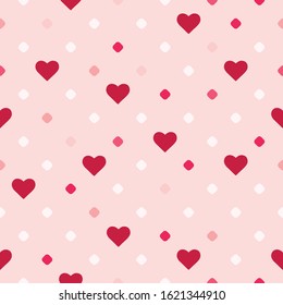 Valentine's day seamless pattern. Cute vector graphic texture with small hearts and small circles, polka dot. Pink and red color. Love romantic theme. Abstract geometric background. Simple design