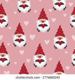 Valentines Day Seamless Pattern With Cute Gnomes And Hearts,