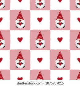 Valentines Day Seamless Pattern With Cute Gnomes And Red Hearts