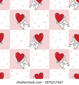 Patrón sin fisuras del día de San Valentín con gatos lindos y corazones rojos