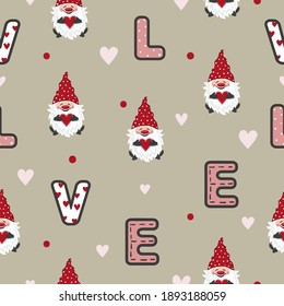 Patrón sin fisuras del día de San Valentín con gnomos adorables. Ilustración vectorial de amor