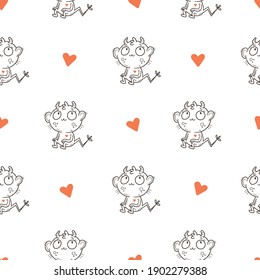 Valentine's day seamless pattern with cute cartoon imp on white background. Greeting wallpaper with doodle funny animal. Line art poster for children. Vector holiday print.