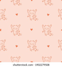 Valentine's day seamless pattern with cute cartoon imp on pink background. Greeting wallpaper with doodle funny animal. Line art poster for children. Vector holiday print.