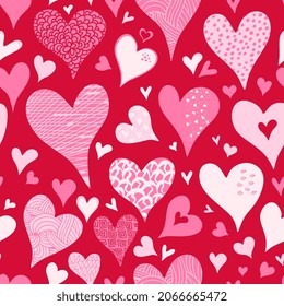 Valentine's day seamless pattern with cute hearts with hand drawn ornaments. Vector design.