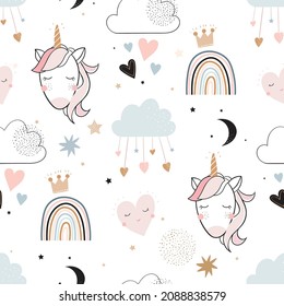 Valentine's Day seamless pattern with cute unicorns, clouds and rainbows, kids background, wallpaper, gift paper, holidays surface design, doodle elements
