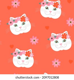 Patrón sin fisuras del día de San Valentín con rostros de gatos lindos. Gráficos vectoriales.