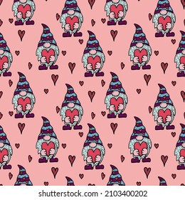 Valentines Day seamless pattern. Cute gnomes with hearts on a pink background.