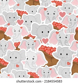 Valentine's Day seamless pattern with cute elephants. Cartoon style. Vector illustration.