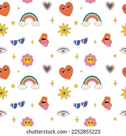 Valentines day seamless pattern with cute motifs in 90s style. Background with rainbows, heart, flower, lips and various retro icons. 
