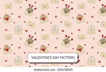 Patrón sin fisuras del Día de San Valentín - sobre lindo, corazones, carta, rosas sobre fondo rosa claro, vector