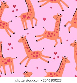 Valentine's Day seamless pattern with cute giraffes and hearts. Vector graphics.