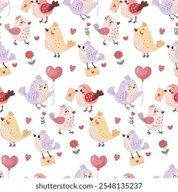 Valentine's Day, seamless pattern with cute love birds. For wrapping paper, background.