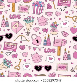 Valentine's day seamless pattern with cute doodles, cartoon elements for wallpaper, backgrounds, digital paper, scrapbooking, stationery, wrapping paper, textile prints, etc. EPS 10