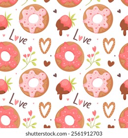 Valentine's Day seamless pattern with cute donuts and chocolate covered strawberries. Festive print for Valentine's Day wrapping paper, party invitation and background. Sweets with hearts.