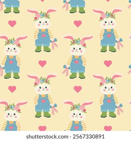 Valentine's Day Seamless Pattern, Cute Bunnies, Heart, Love, For Fabric Design, Vector