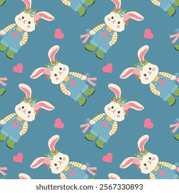 Valentine's Day Seamless Pattern, Cute Bunnies, Heart, Love, For Fabric Design, Vector