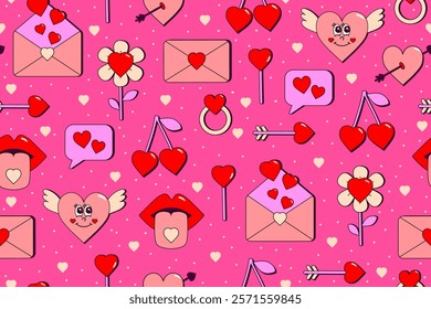 Valentine's Day seamless pattern. Cute romantic objects on a pink background. Retro vintage style. Heart with wings, love letter, speech bubble, flower, lips with tongue, arrow, hearts.  Vector