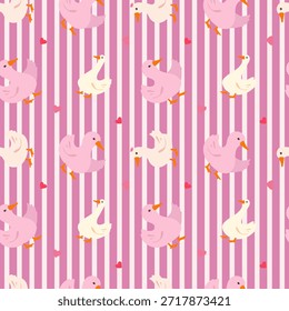 Valentinstag nahtloses Muster mit niedlichen Gänsen und Enten, rosa und weiß gestreiftem Hintergrund, kleine Herzen, zum Verpacken von Papier, Textilien, Tapeten und Kinderdesigns.