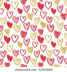 Valentine's day seamless pattern with cute doodle hearts. Red and gold ink on white isolated background. Vector ornamental design for textile and wrapping paper.
