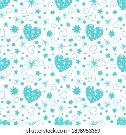 Valentine's day of seamless pattern and decorative elements. Festive ornaments on white background with heart and stars for a princess party, wedding, packing paper. Vector flat illustration