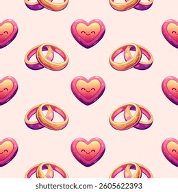 Valentine's Day seamless pattern with decorative hearts on a black background. Wedding ring seamless pattern with hearts