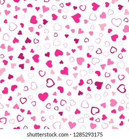 Valentines Day seamless pattern design. Pink hand drawn hearts on white background. Love concept. Template for business card, website, print etc. Vector illustration