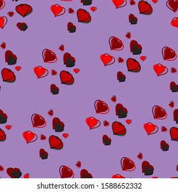 Valentines Day seamless pattern design. Red and black hearts on purple background. Vector