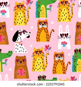 Valentine's day seamless pattern design with cute animals. Childish print for cards, textile, wrapping paper and background