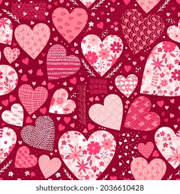 Valentine's day seamless pattern with different hearts. Beautiful vector illustration