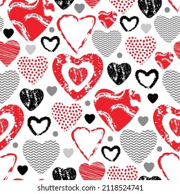 Valentines day seamless pattern with different texture hearts. Vector illustration.