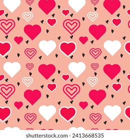 Valentine's Day seamless pattern with different hearts designs. Flat valentine day seamless patterns. Pretty hearts background. Flat design heart seamless pattern.  Cute heart shap vector background