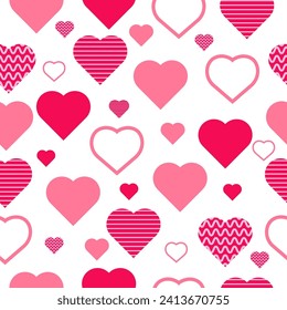 Valentine's Day seamless pattern with different hearts designs. Flat valentine day seamless patterns. Pretty hearts background. Flat design heart seamless pattern.  Cute heart shape vector background